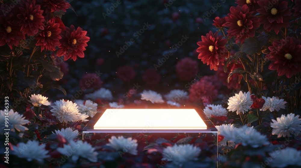 Poster A glowing light box is positioned in a serene garden, surrounded by vibrant red and white flowers, creating an enchanting atmosphere as twilight descends, casting a soft glow.