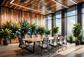 Fototapeta premium Contemporary conference room interior with wooden walls, panoramic windows and wooden floor. 3d rendering. AI generated