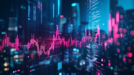 Dynamic stock market visualization showcasing real-time data trends and analytics in a city skyline at night