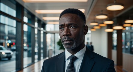 Naklejka premium Focused middleaged Black man wearing a suit in a downtown business center