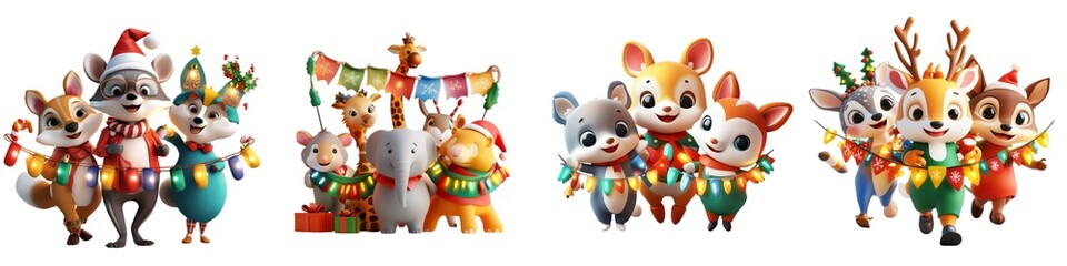 Naklejka premium A cheerful group of cartoon animals celebrating the holiday season with colorful decorations and festive attire.