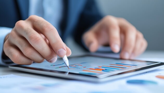 A digital entrepreneur using a tablet to analyze market data, showcasing the power of real-time technology in optimizing business performance.