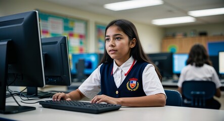Focused young Hispanic girl wearing a school uniform in a computer lab