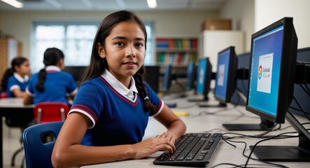 Focused young Hispanic girl wearing a school uniform in a computer lab