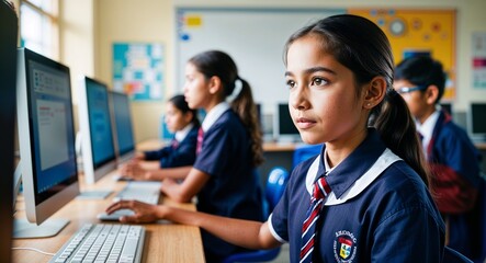 Focused young Hispanic girl wearing a school uniform in a computer lab