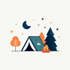 Camping tent and campfire at night