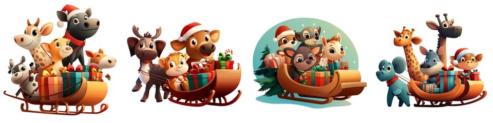 A whimsical scene of cute animals celebrating Christmas aboard colorful sleds with gifts and holiday cheer.