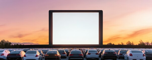 A stunning view of a drive-in movie theater at sunset, featuring parked cars with a large screen and colorful sky.