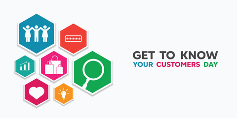 National Get To Know Your Customers Day. Great for cards, banners, posters, social media and more. White background.