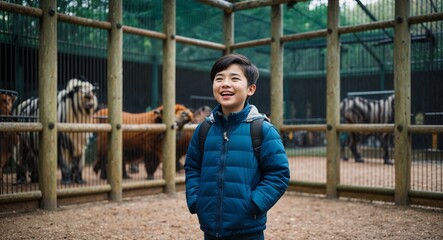Obraz premium Joyful young Asian boy wearing a jacket in a zoo with animal enclosures