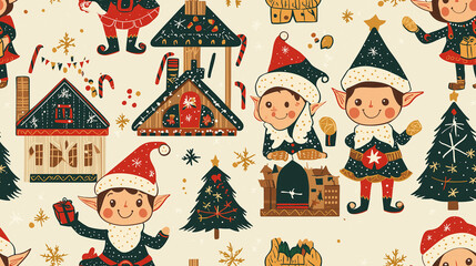 Fototapeta premium Create a continuous pattern of Christmas elves baking cookies, making toys, and decorating the workshop