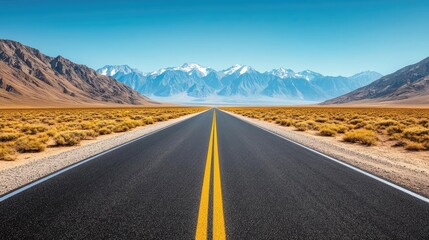 A stunning wide road leading through a desert landscape with majestic mountains in the background and clear blue skies above.