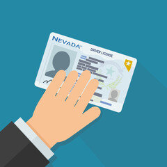 A hand presents a Nevada state driver's license card on a blue background with long shadow  in flat design style