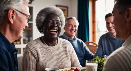 Laughing elderly Black woman wearing a sweater at a family gathering