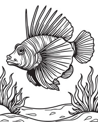 Fototapeta premium A Lion fish moving in ocean underwater, vector monoline art coloring page