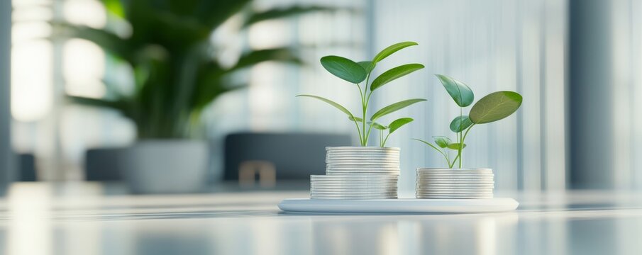 A growing economy represented by plants sprouting from different heights of coin stacks, showcasing financial success in harmony with nature.