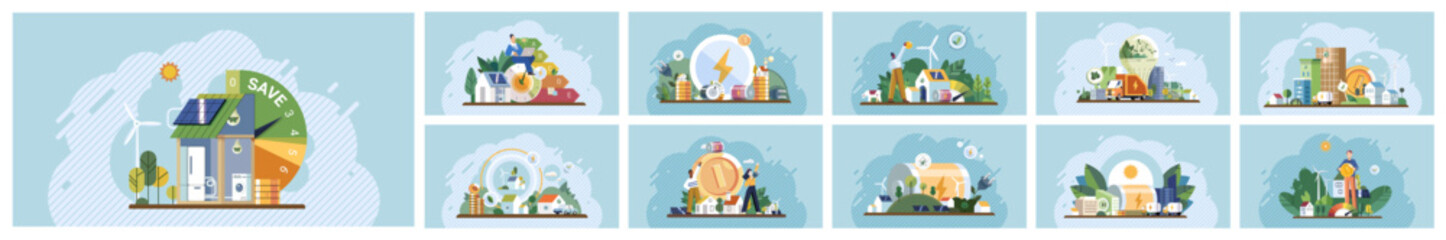 Green technology concept. Depicts various eco-friendly practices such as solar energy, wind power, electric vehicles, recycling, and sustainable agriculture. Ideal for sustainability, renewable