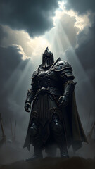 A powerful armored warrior stands in a dramatic landscape under stormy skies
