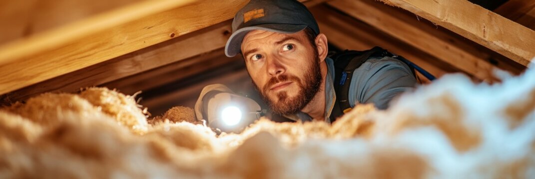 A pest control specialist, aged 30-40, inspects an attic for termites - Powered by Adobe