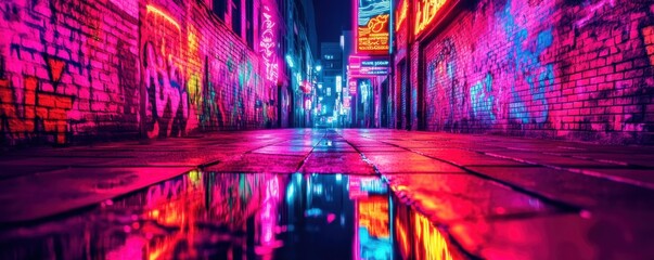 Naklejka premium Vibrant alleyway with neon lights reflecting on wet pavement, showcasing urban street art in a colorful night scene.