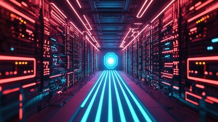 Fototapeta premium A futuristic corridor illuminated by vibrant neon lights, leading to a glowing blue portal, showcasing advanced technology and design.