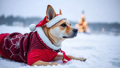 dog in snow with christmas clothing and xmas tree