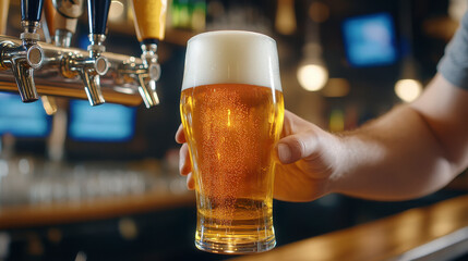 Cheers at the Bar, hand holding frothy pint, beer taps, lively background lights, social gathering atmosphere