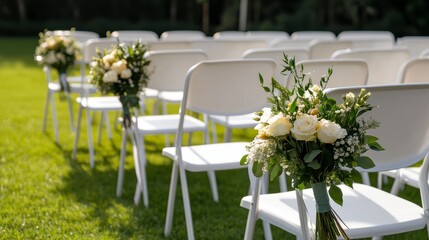 Outdoor ceremony chairs adorned with white roses on lush green lawn, serene wedding setting, elegant floral decor