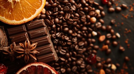 This flat lay image showcases a delightful arrangement of roasted coffee beans, citrus slices, and nuts on a dark background, perfect for promoting a coffee shop or dessert brand.