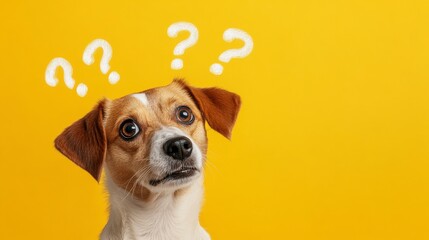 Puzzled Pup Curiosity, inquisitive dog with question marks in bright yellow setting, playful, imaginative ambiance