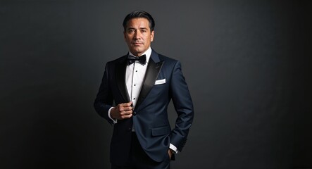 Middleaged Hispanic man in a luxurious tuxedo posing sharply against a dark charcoal background