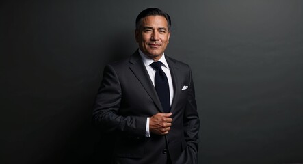 Middleaged Hispanic man in a tailored suit posing sharply against a muted green background