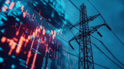 The photo shows an electric pole against a background of a stock market chart. This represents how the prices of energy companies and stocks can change rapidly and unpredictably in the global market.