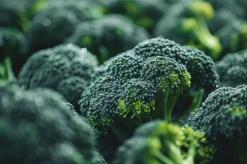 Fresh Broccoli Harvest: A close-up shot of vibrant green broccoli florets, glistening with dew, captures the essence of fresh, organic produce.  