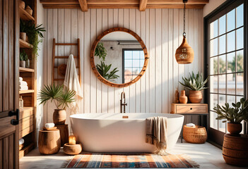 Modern bathroom interior with wooden decor in eco style. AI generated.