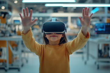 Child exploring virtual reality with VR headset, hands raised in excitement, futuristic technology setting