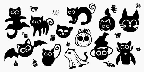 Set of Halloween Cute Black Cat Hand Drawn Clipart in Vector