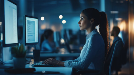 A focused woman works late at a computer, illuminated by screen light in a dimly lit environment, emphasizing productivity and concentration.