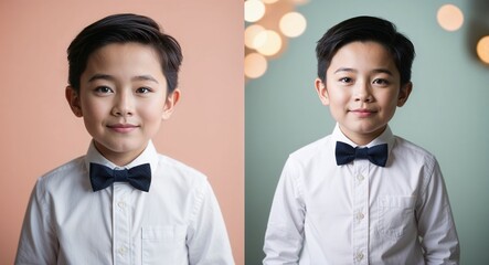 Young Asian boy in a crisp white shirt and bowtie posing sweetly against a pastel peach background