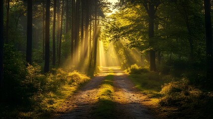 Fototapeta premium Play of light: bright rays of the sun shine through the dense foliage of a forest tree