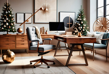 An office interior featuring a traditional wooden desk with christmas decoration and new year tree. AI generated.