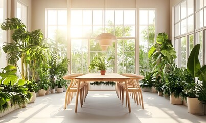 Fototapeta premium Bright Dining Room with Tropical Plants and Large Windows