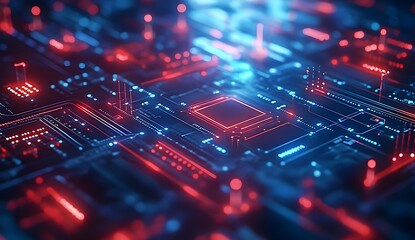 Futuristic Circuit Board with Glowing Red and Blue Lights