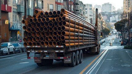  Large truck carrying steel pipes through urban streets, symbolizing the supply chain for construction projects and heavy industry in city infrastructure.