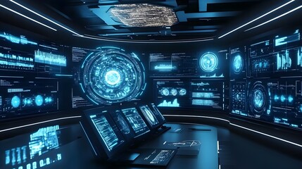 Obraz premium Futuristic Control Room with Holographic Displays