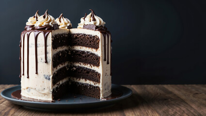 decadent chocolate cake with creamy frosting and a rich chocolate drizzle. The dark backdrop emphasizes the tempting, detailed layers of the cake slice