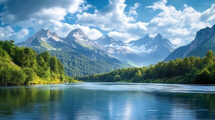 The mountain landscape and the river are in the foreground the mountain slopes are covered with green trees summer day mountain landscape : Generative AI