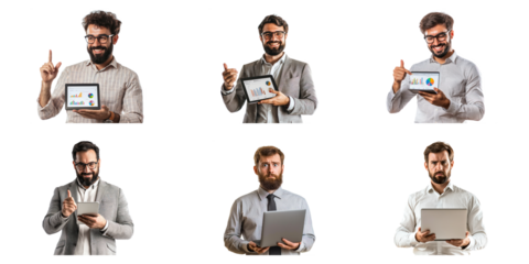 Social media manager pointing at a digital tablet with a friendly expression, as if checking analytics. isolated on transparency background