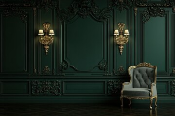 classic dark green castle with elegant and strong dragon carving scene, elegant classic wall lamp and calssic wooden grey chair with royal carving isolated on dark background 