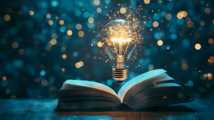 un libro abierto y una bombilla encendida representando la inteligencia y la informacion adquirida a través de la lectura
